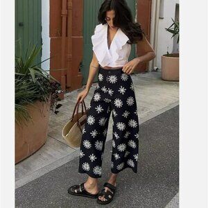 ZARA CONTRAST EMBROIDERED CULOTTES PANTS NAVY BLUE | 2731/059 S L NWT